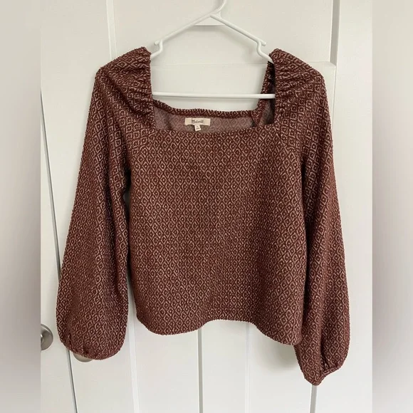Madewell Chocolate Brown Textured Knit Square Neck Puff Sleeve Top S Cottagecore - Picture 3 of 10